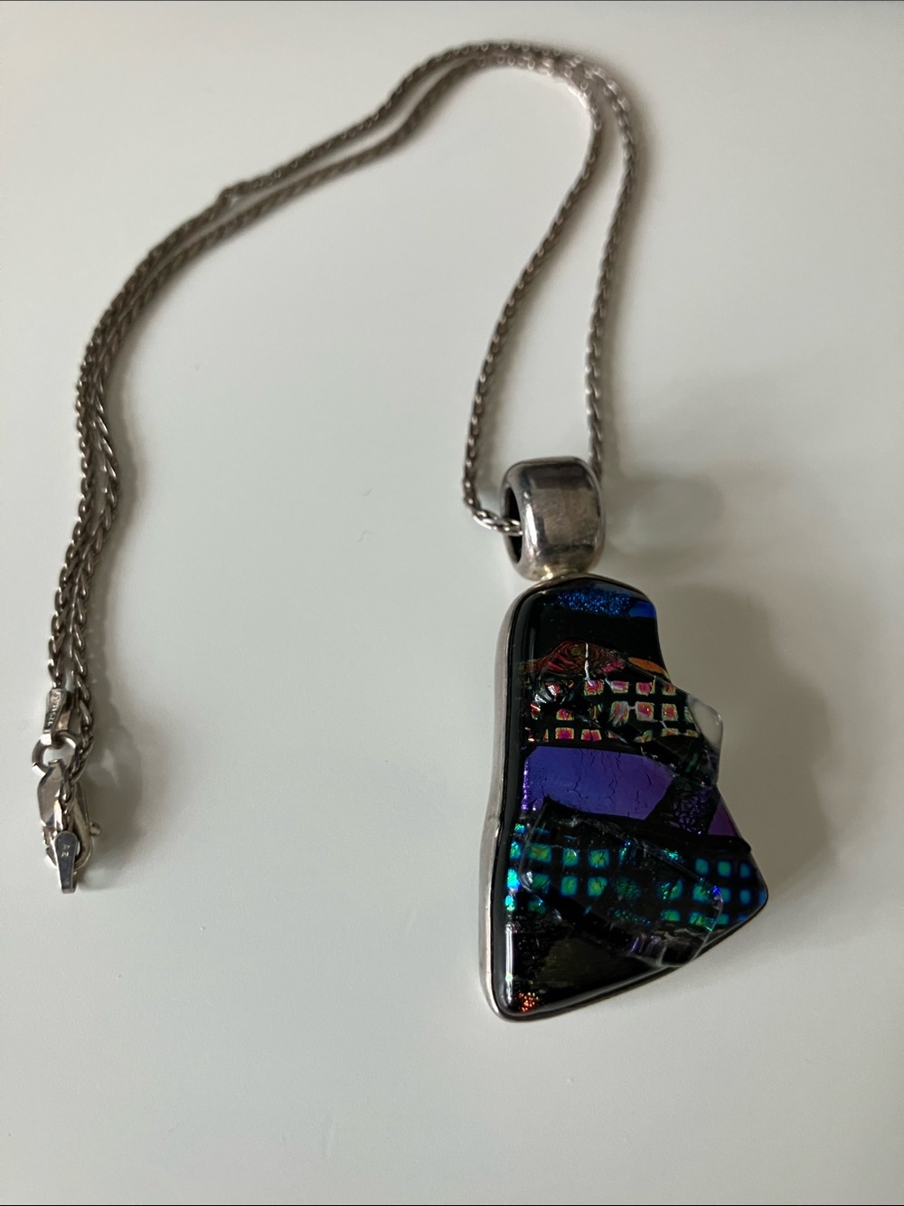 Iridescent Blue-Purple Dichroic Glass Pendant Sterling Silver Necklace